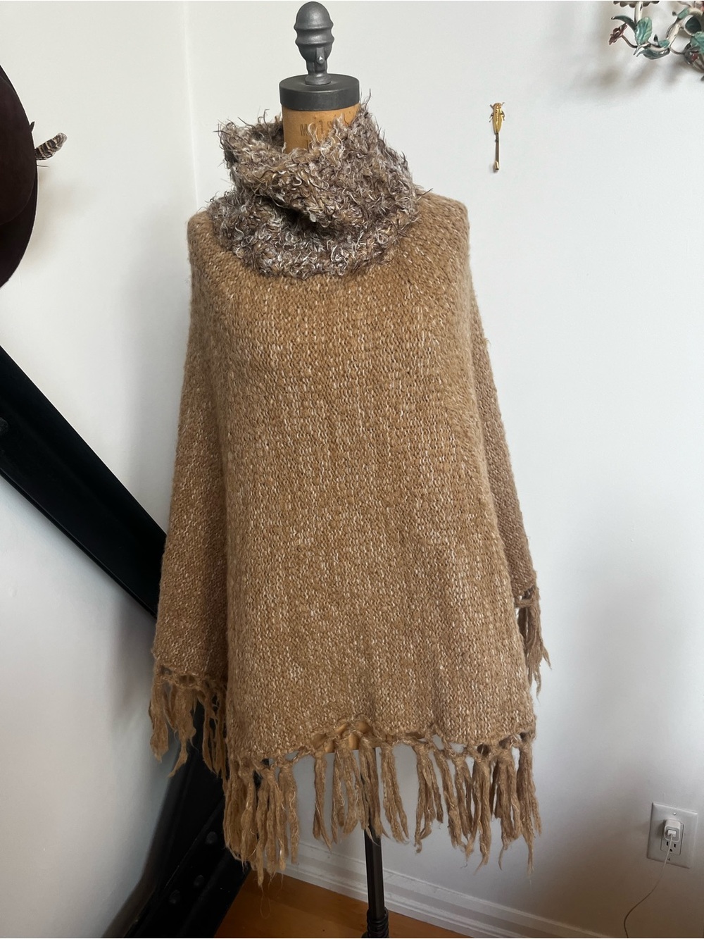 Camel Fringe angora and wool Turtleneck Poncho Sweater hand knit in Europe